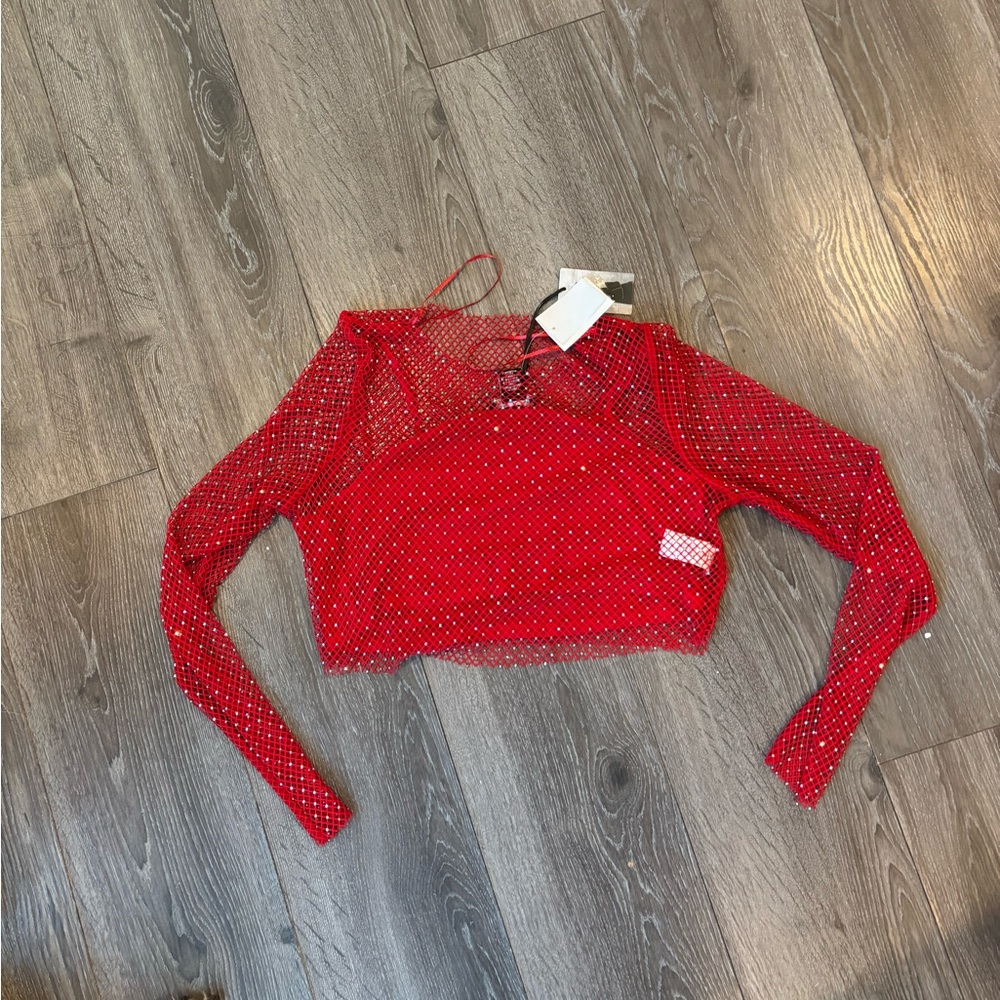 Elegant Red Mesh Long Sleeve Top